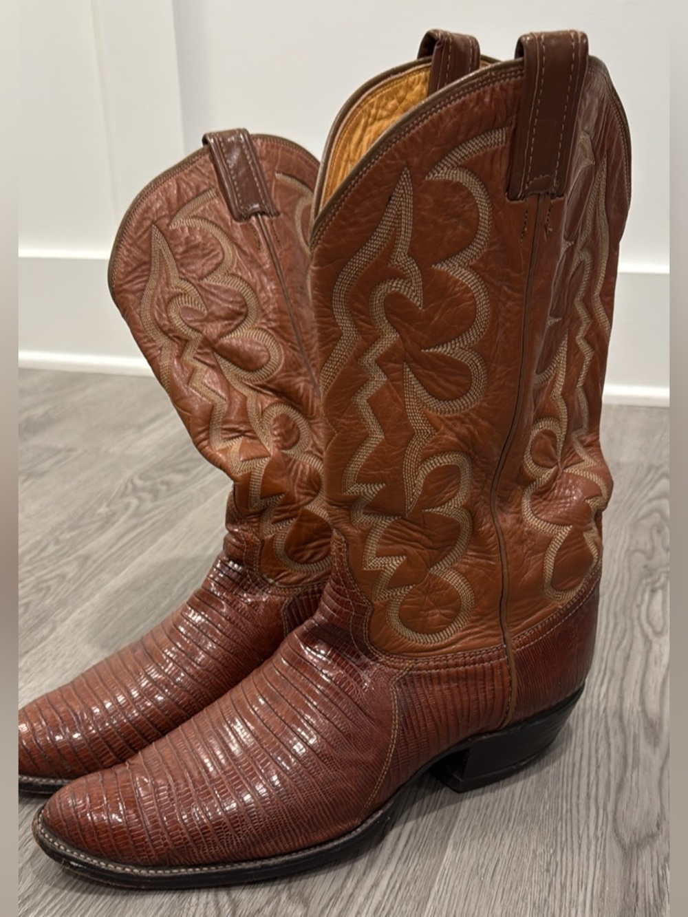 Tony Lama Brown Leather Exotic-Textured Cowboy Boots